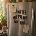 Stainless steel refrigerator with various photos and notes attached, in a home setting.