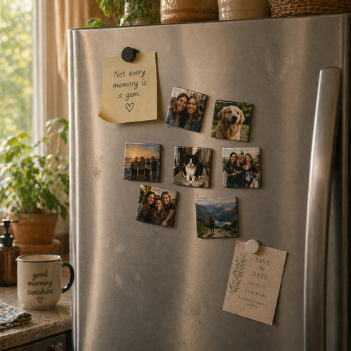 Stainless steel refrigerator with various photos and notes attached, in a home setting.
